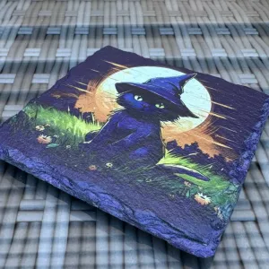 Halloween Slate Coasters - Black Cat Wizard