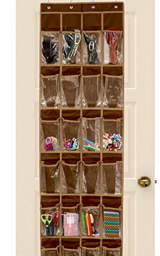 24 Pockets - SimpleHouseware Crystal Clear Over The Door Hanging Shoe Organizer, Brown