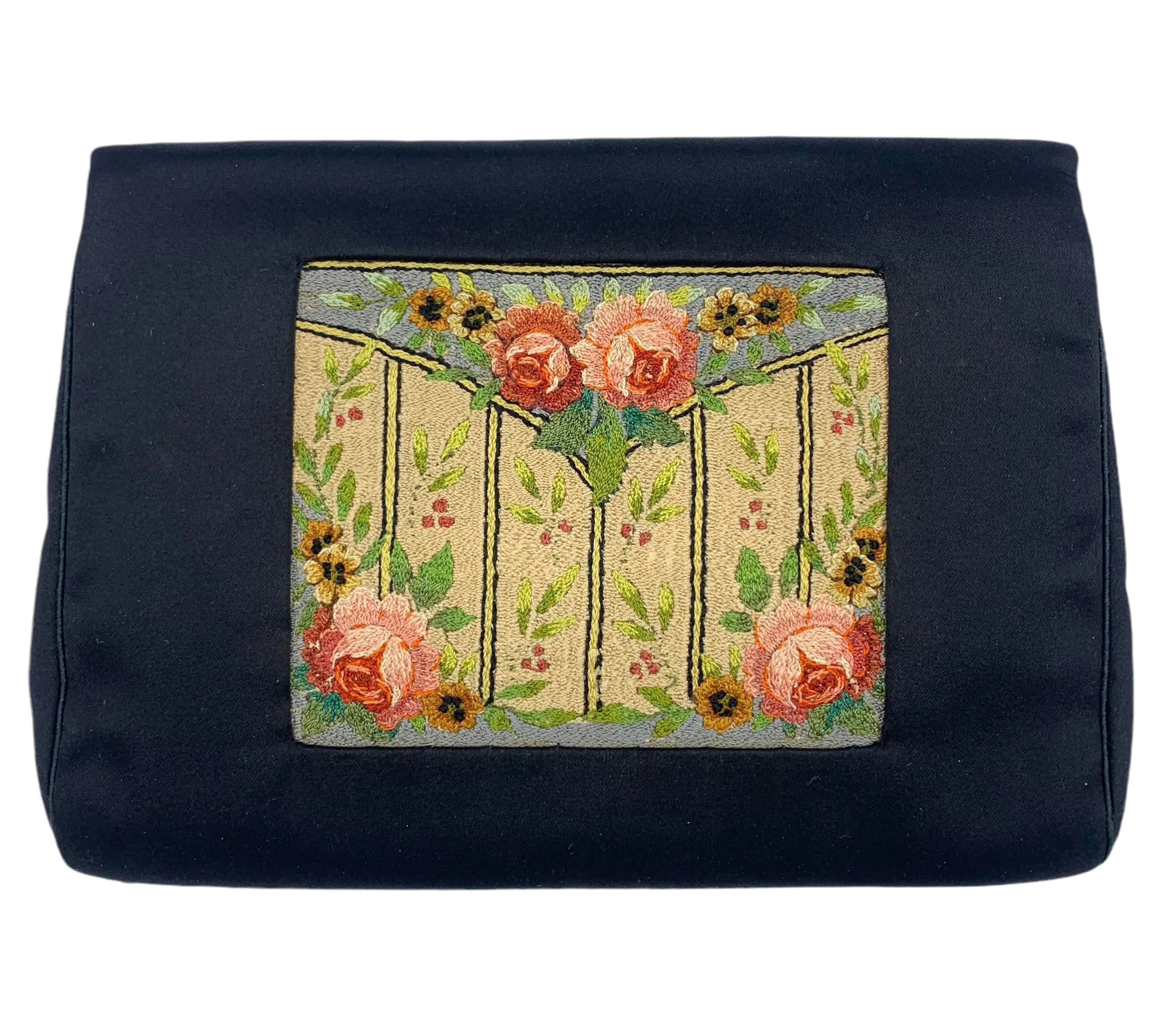 30s Black Satin Clutch Purse with Hand Embroidered Floral Motif