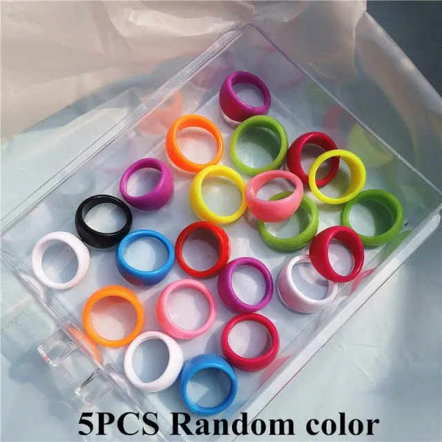 5pcs/1SET Korea 2021 Chic Colorful Transparent Resin Acrylic Rings Hot Morandi Color Women Party aesthetic Jewelry Ring Set