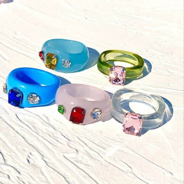 5pcs/1SET Korea 2021 Chic Colorful Transparent Resin Acrylic Rings Hot Morandi Color Women Party aesthetic Jewelry Ring Set