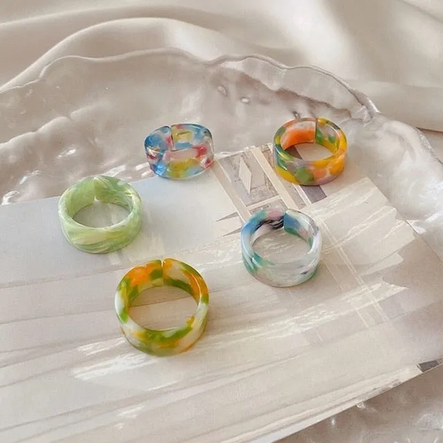 5pcs/1SET Korea 2021 Chic Colorful Transparent Resin Acrylic Rings Hot Morandi Color Women Party aesthetic Jewelry Ring Set