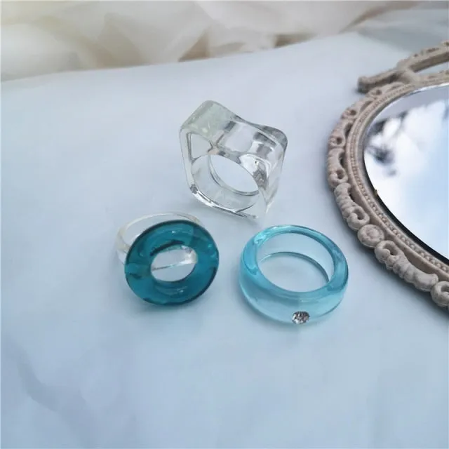 5pcs/1SET Korea 2021 Chic Colorful Transparent Resin Acrylic Rings Hot Morandi Color Women Party aesthetic Jewelry Ring Set