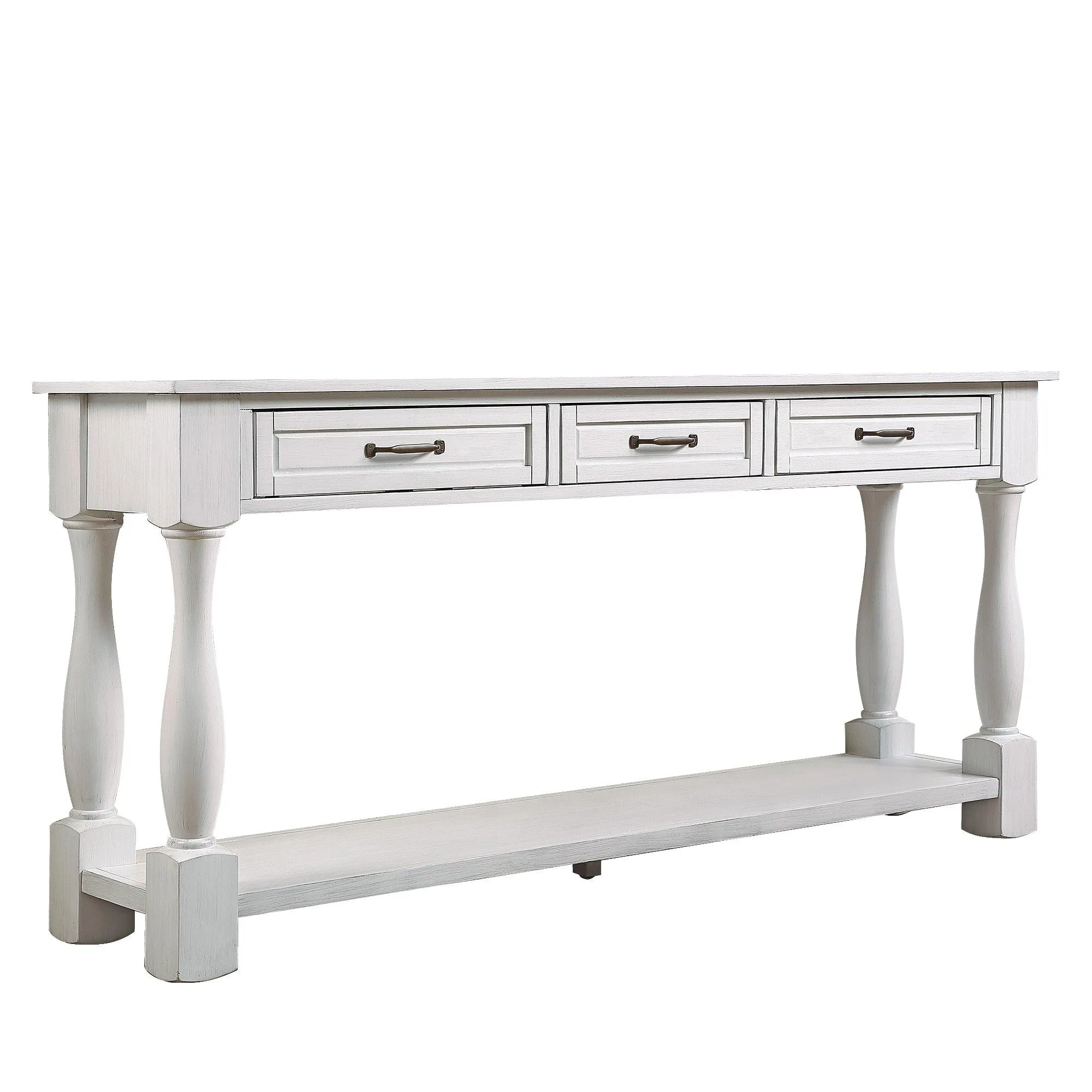 63" Wood Console Table with 3 Drawers and Bottom Shelf, Antique White