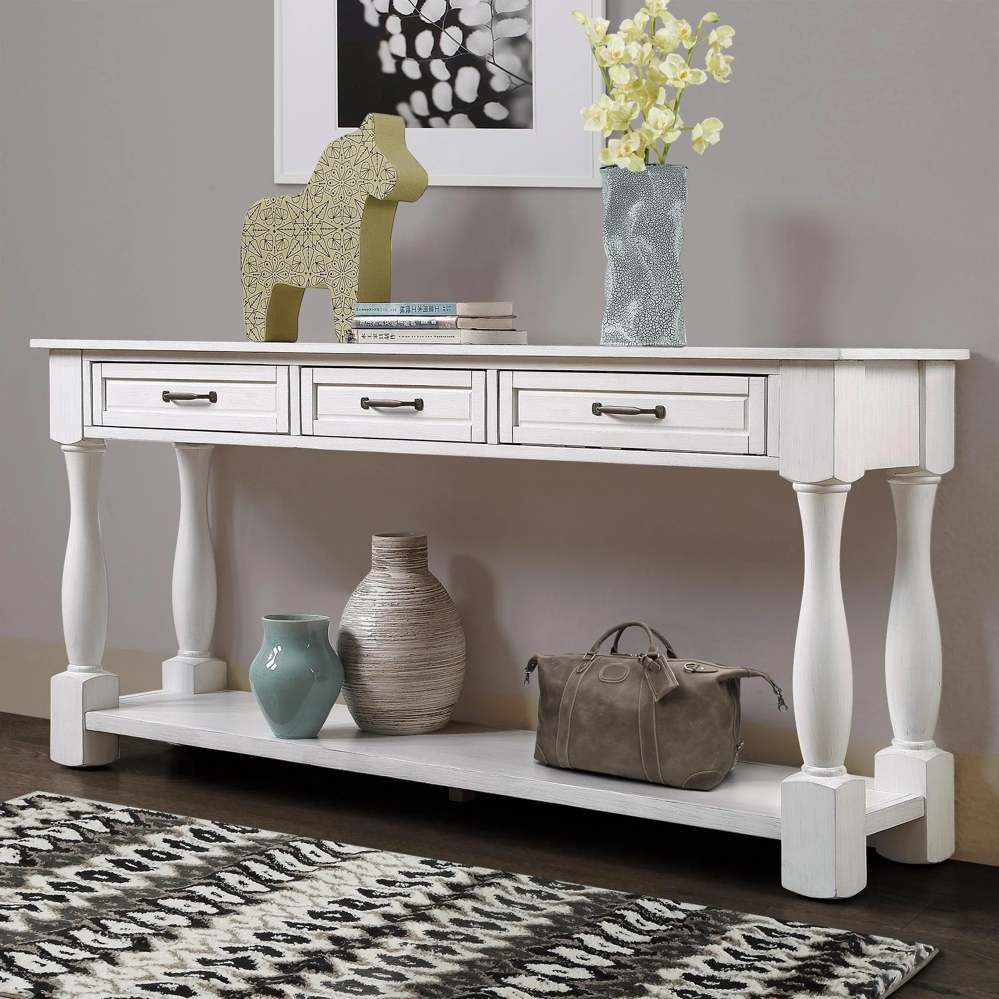 63" Wood Console Table with 3 Drawers and Bottom Shelf, Antique White