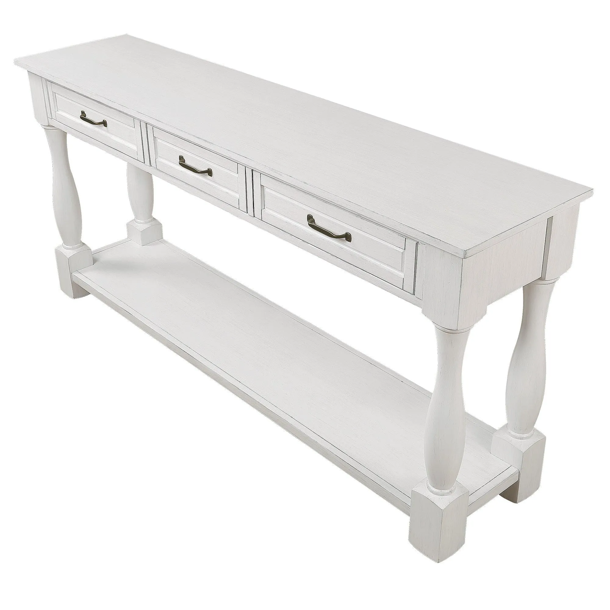 63" Wood Console Table with 3 Drawers and Bottom Shelf, Antique White