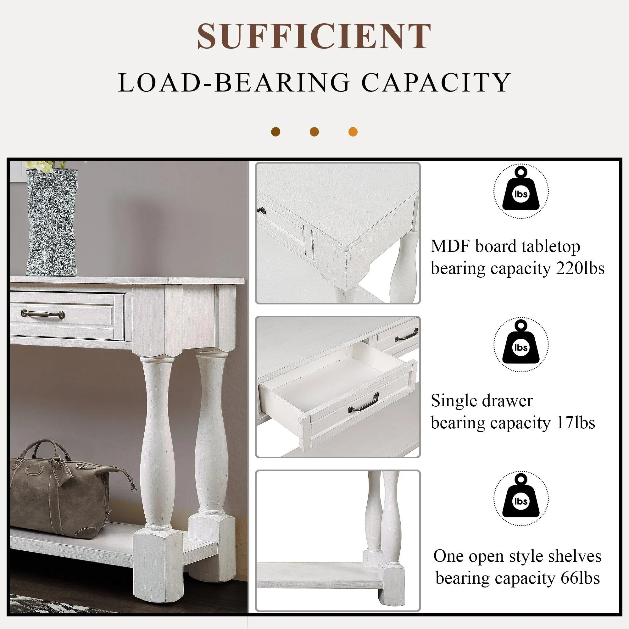 63" Wood Console Table with 3 Drawers and Bottom Shelf, Antique White