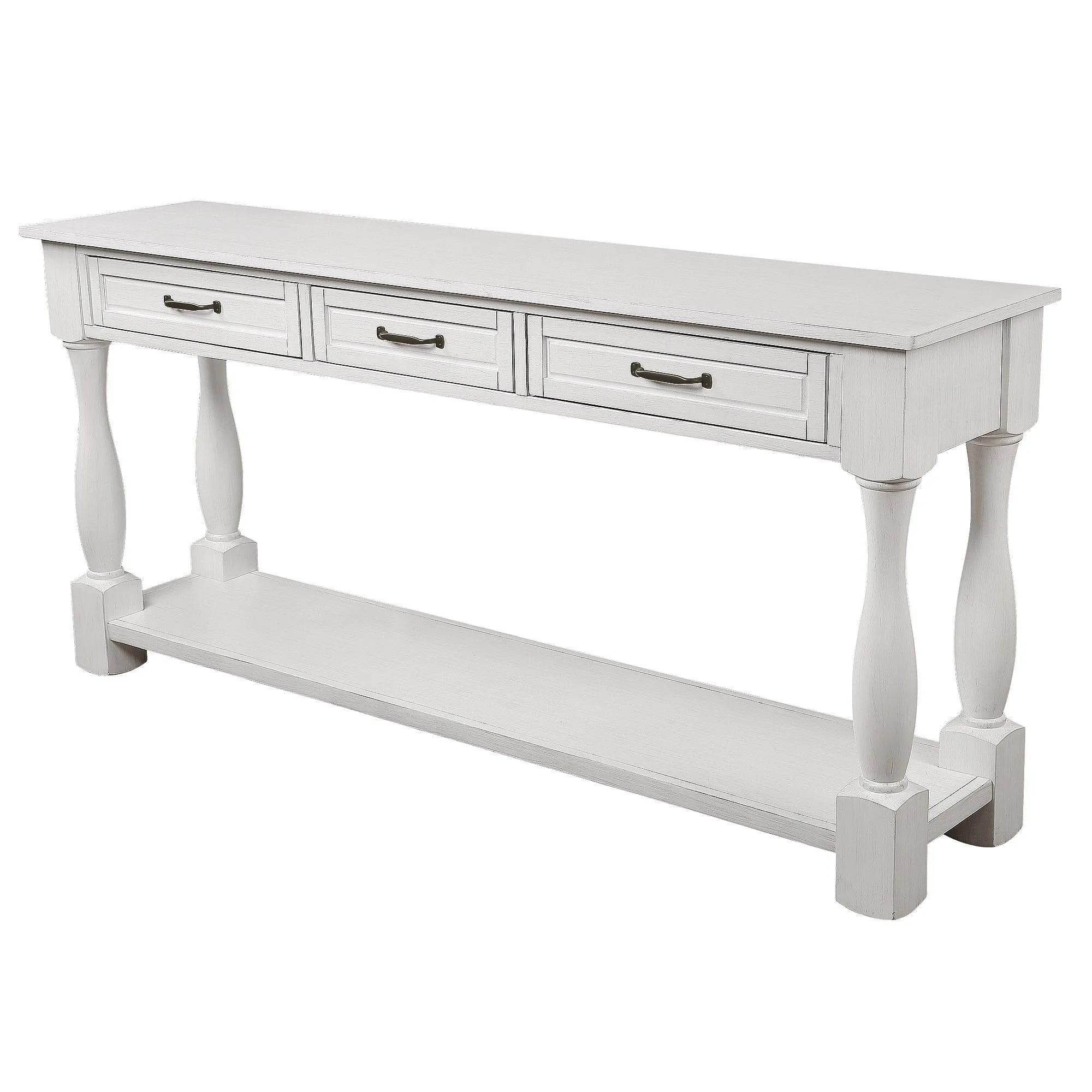 63" Wood Console Table with 3 Drawers and Bottom Shelf, Antique White