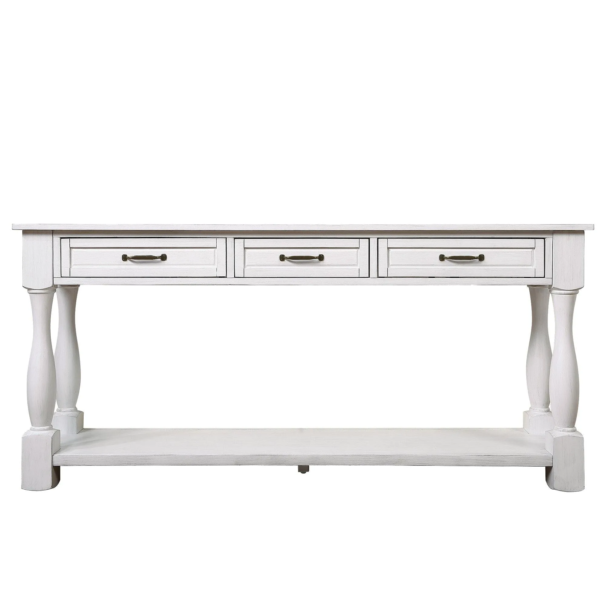 63" Wood Console Table with 3 Drawers and Bottom Shelf, Antique White