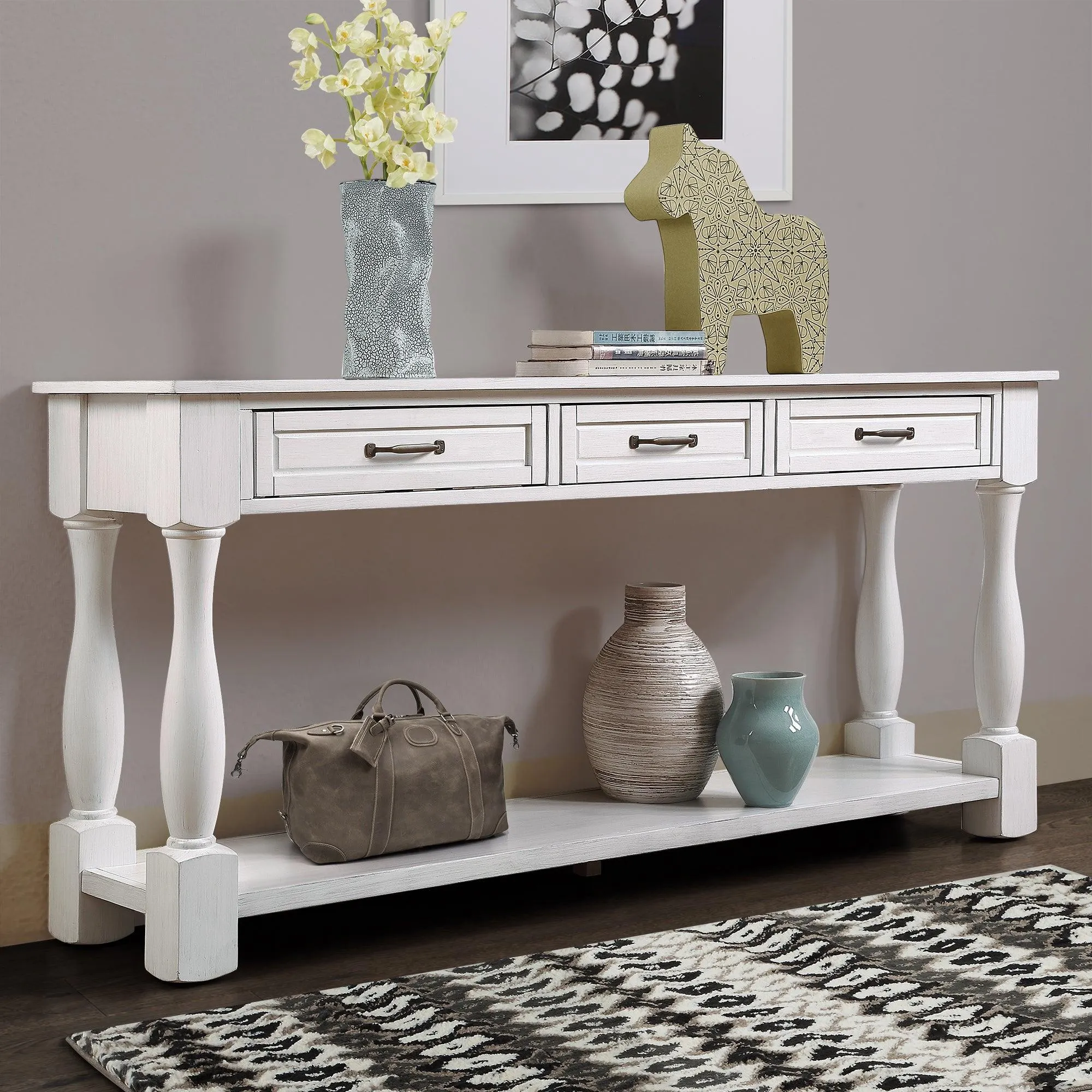 63" Wood Console Table with 3 Drawers and Bottom Shelf, Antique White