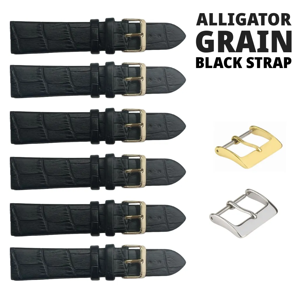 6PCS Black Leather Flat Unstitched Alligator Grain Watch Band Sizes 12MM-24MM