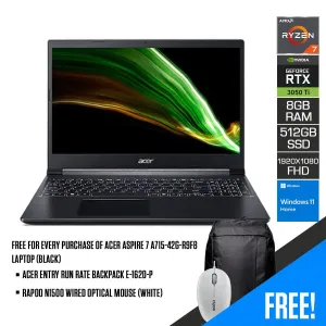 ACER Aspire 7 A715-42G-R9F8 Laptop (Black) | 15.6" FHD 1920 x 1080 | RYZEN 7 5700U | 8GB DDR4 | 512GB SSD | RTX 3050 TI | Windows 11 Home | ACER Entry Run Rate Backpack E-1620-P | RAPOO N1500 Wired Optical Mouse (White)