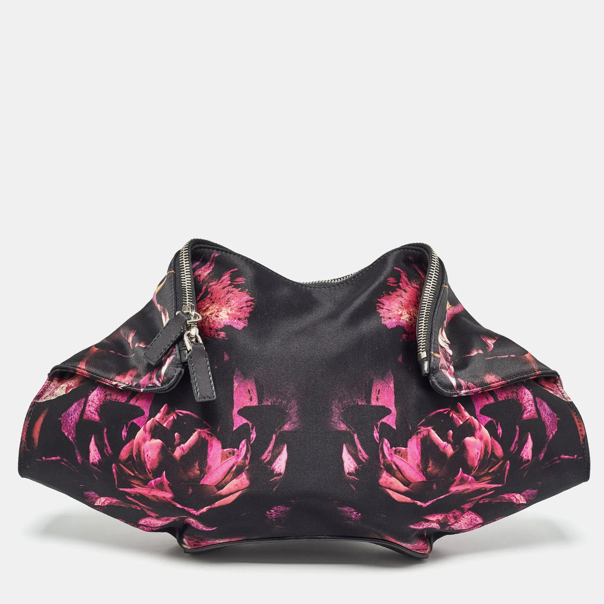 ALEXANDER MCQUEEN Black/Magenta Floral Print Satin De Manta Clutch