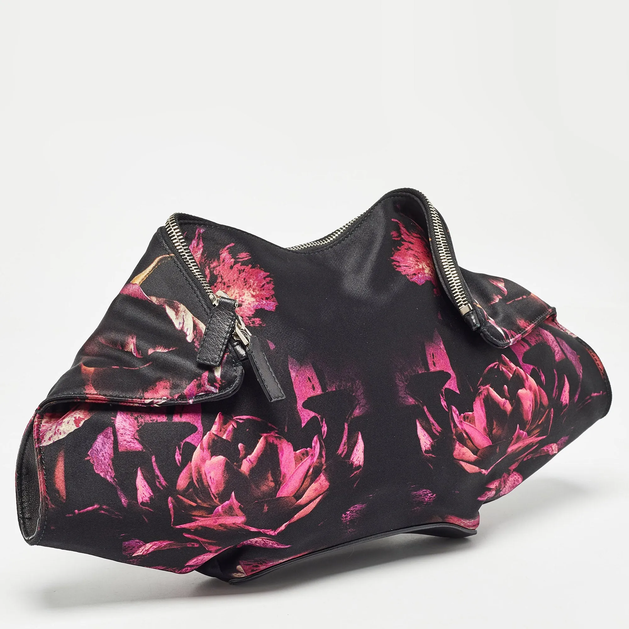 ALEXANDER MCQUEEN Black/Magenta Floral Print Satin De Manta Clutch