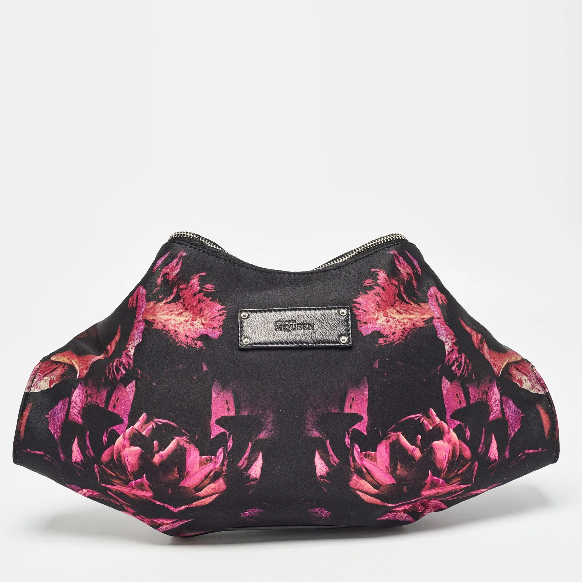 ALEXANDER MCQUEEN Black/Magenta Floral Print Satin De Manta Clutch