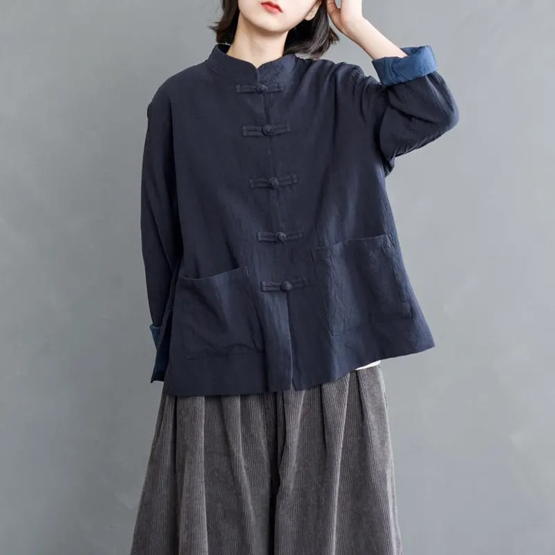 Autumn Stand Collar Blouse Retro Cotton Linen