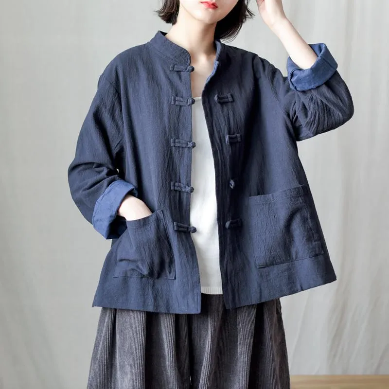 Autumn Stand Collar Blouse Retro Cotton Linen