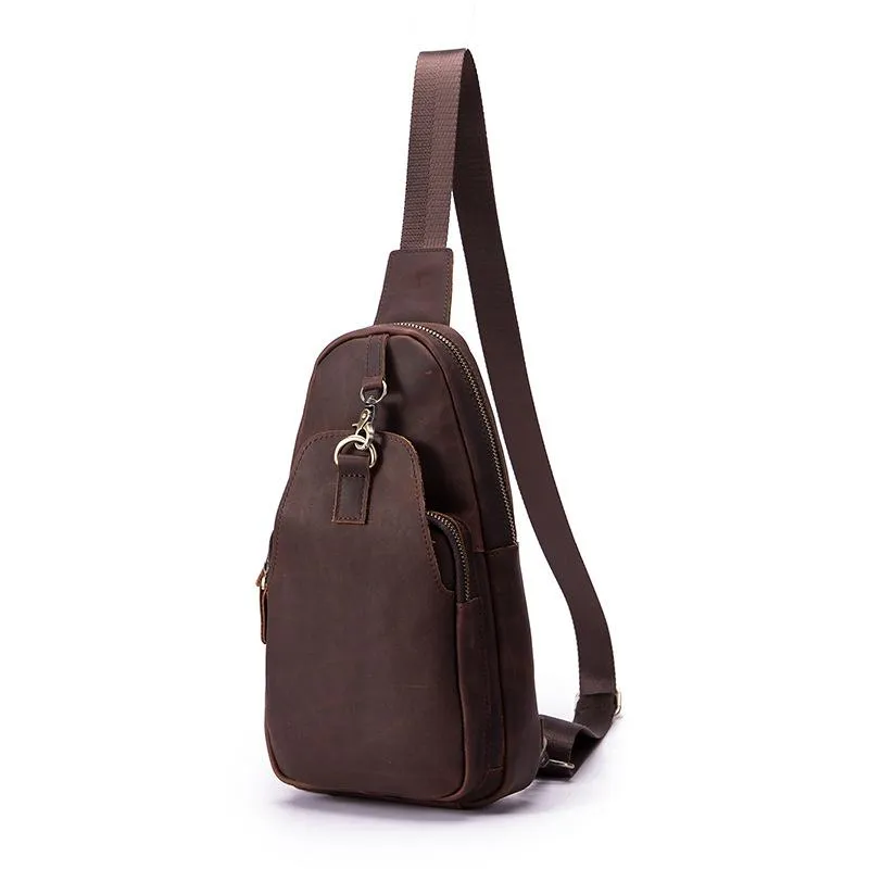 Badass Brown Leather Men's Sling Bag Chest Bag Vintage One shoulder Backpack For Men