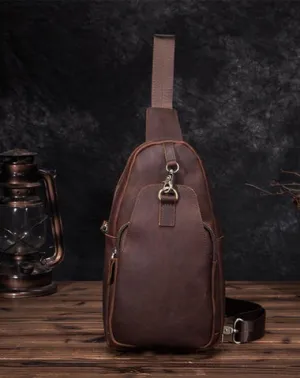 Badass Brown Leather Men's Sling Bag Chest Bag Vintage One shoulder Backpack For Men