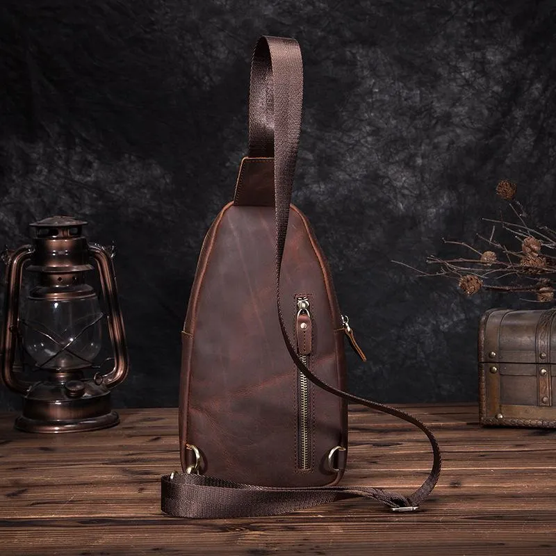 Badass Brown Leather Men's Sling Bag Chest Bag Vintage One shoulder Backpack For Men