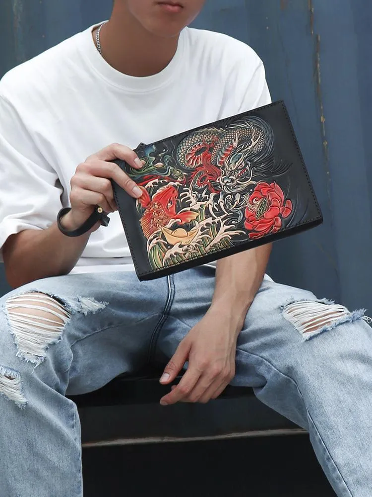 Black Handmade Tooled Leather Carp Chinese Dragon Clutch Wallet Wristlet Bag Clutch Purse For Men