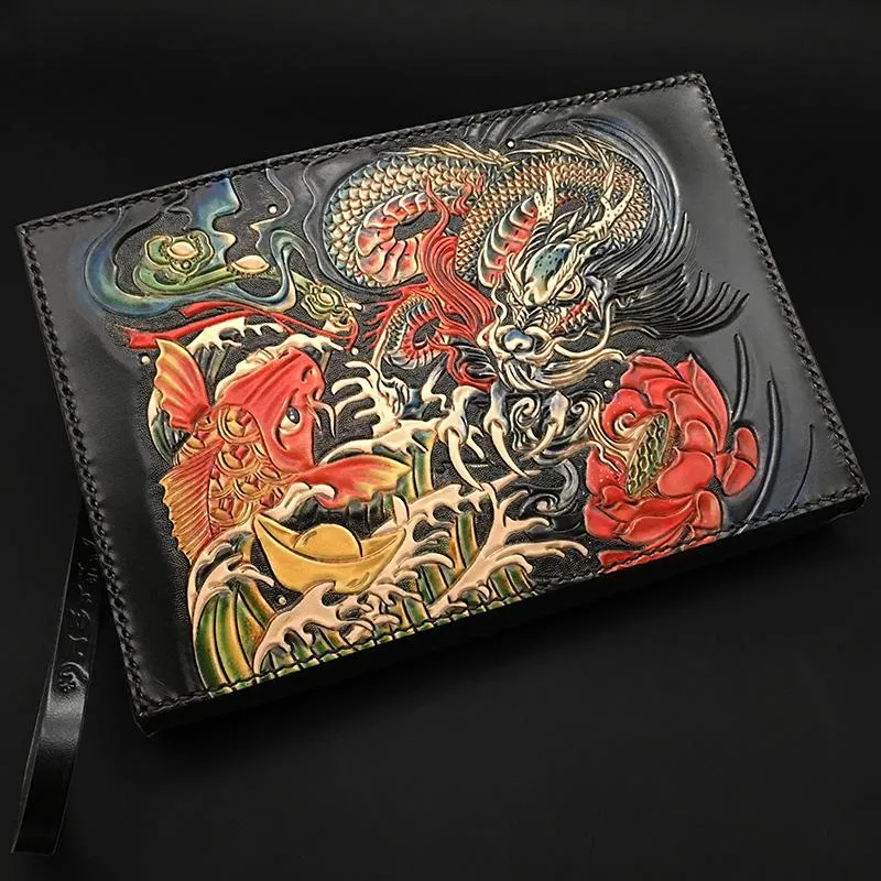 Black Handmade Tooled Leather Carp Chinese Dragon Clutch Wallet Wristlet Bag Clutch Purse For Men