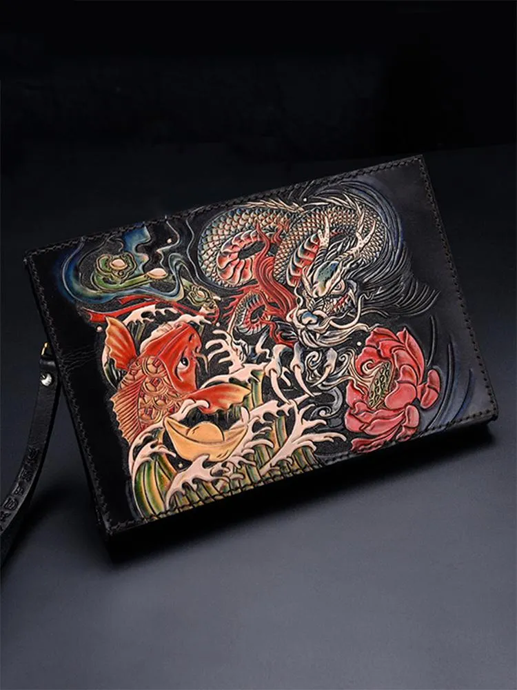 Black Handmade Tooled Leather Carp Chinese Dragon Clutch Wallet Wristlet Bag Clutch Purse For Men