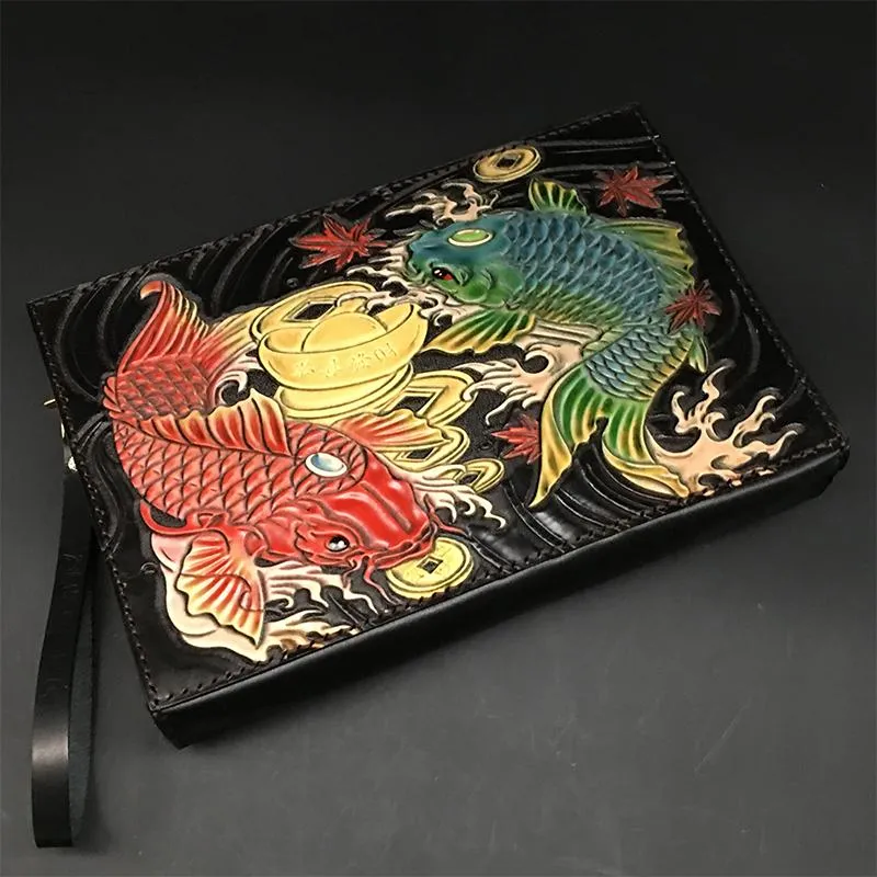 Black Handmade Tooled Leather Chinese Dragon Clutch Wallet Wristlet Bag Clutch Purse For Men