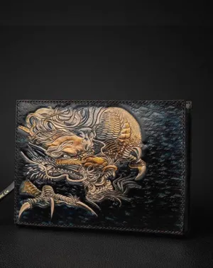 Black Handmade Tooled Leather Chinese Dragon Clutch Wallets Wristlet Bag Clutch Purse For Men