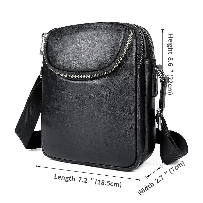 Black Leather 8 inches Small Side Bag Vertical Courier Bag Messenger Bag For Men