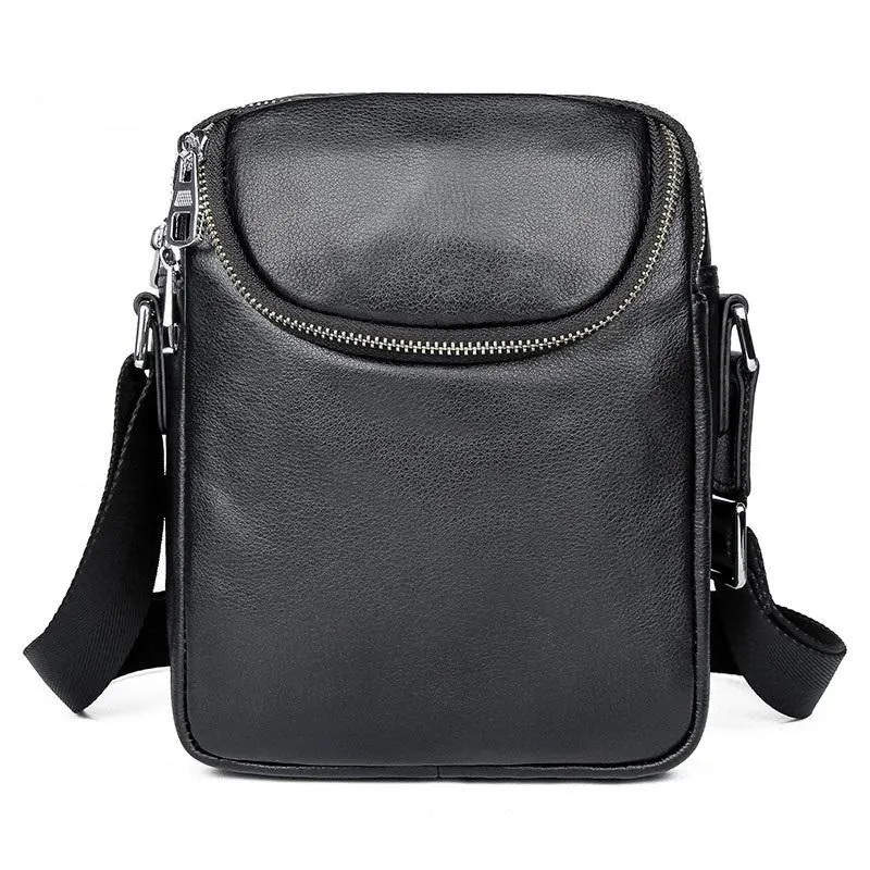 Black Leather 8 inches Small Side Bag Vertical Courier Bag Messenger Bag For Men