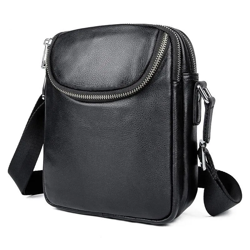 Black Leather 8 inches Small Side Bag Vertical Courier Bag Messenger Bag For Men