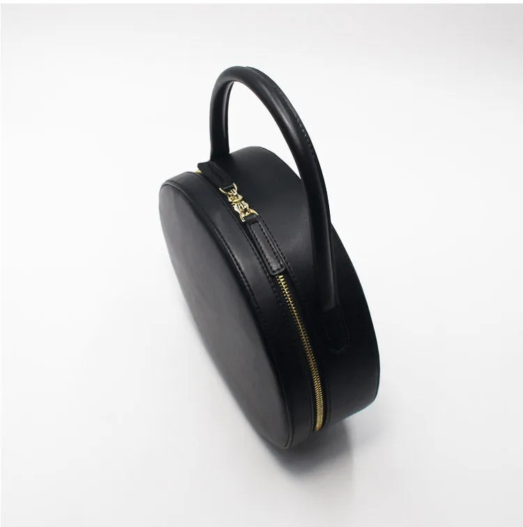 Black Leather circle Purse handbag bag for women leather purse shopper bag