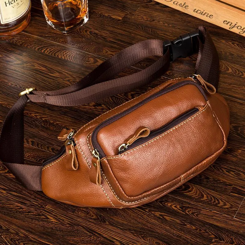 Black Leather Mens Fanny Pack Dark Brown Waist Bag Hip Pack Belt Bag Bumbag for Men