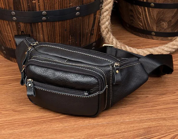 Black Leather Mens Fanny Pack Dark Brown Waist Bag Hip Pack Belt Bag Bumbag for Men