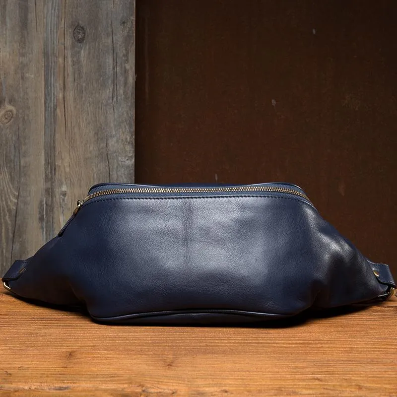 Black Leather Mens Fanny Pack Waist Bag Hip Pack Blue Belt Bag Bumbags for Men