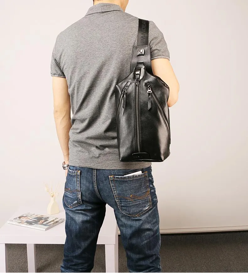 Black Leather Mens Sling Bag Chest Bag Sling Shoulder Bag Sling Backpack for men