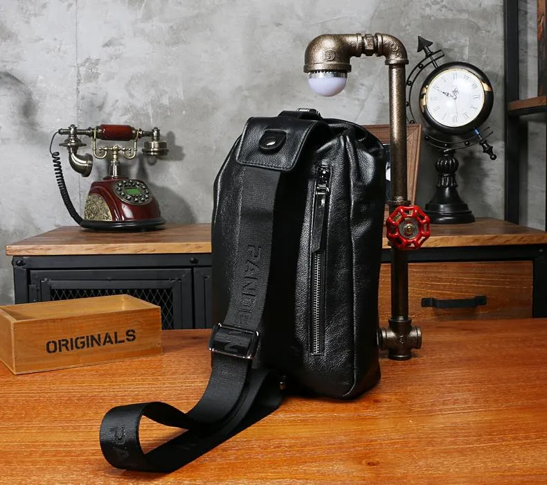 Black Leather Mens Sling Bag Chest Bag Sling Shoulder Bag Sling Backpack for men