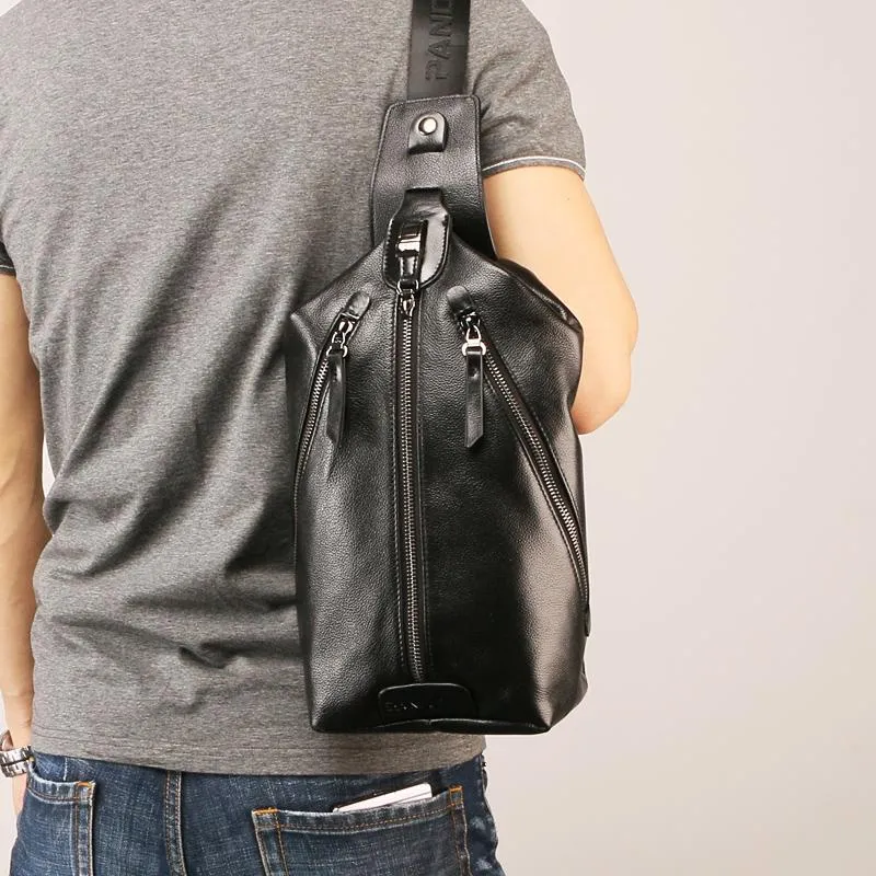 Black Leather Mens Sling Bag Chest Bag Sling Shoulder Bag Sling Backpack for men