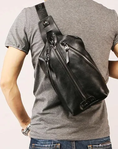 Black Leather Mens Sling Bag Chest Bag Sling Shoulder Bag Sling Backpack for men