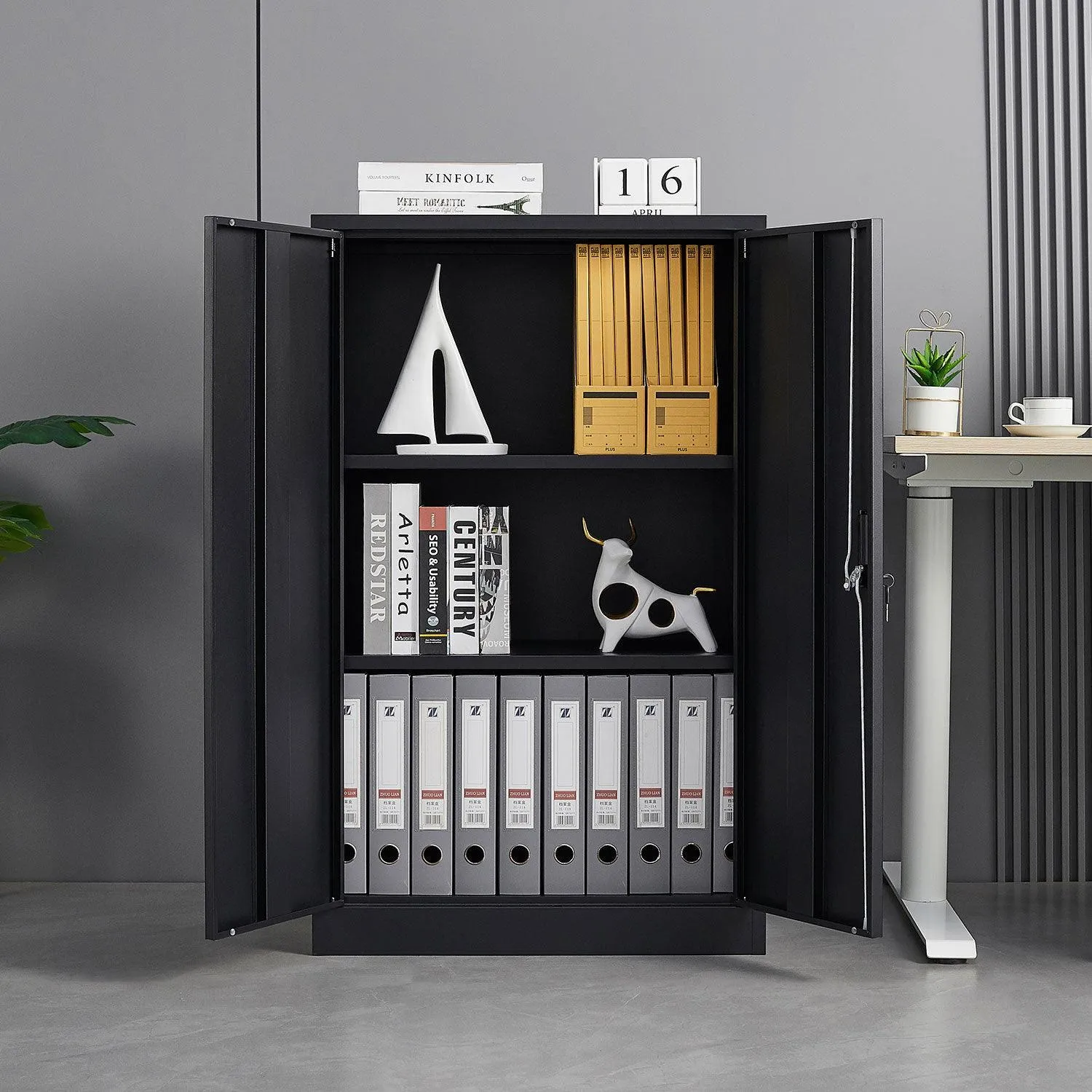 Black Metal Storage Cabinet with Locking Doors, Adjustable Shelf for Home/Office