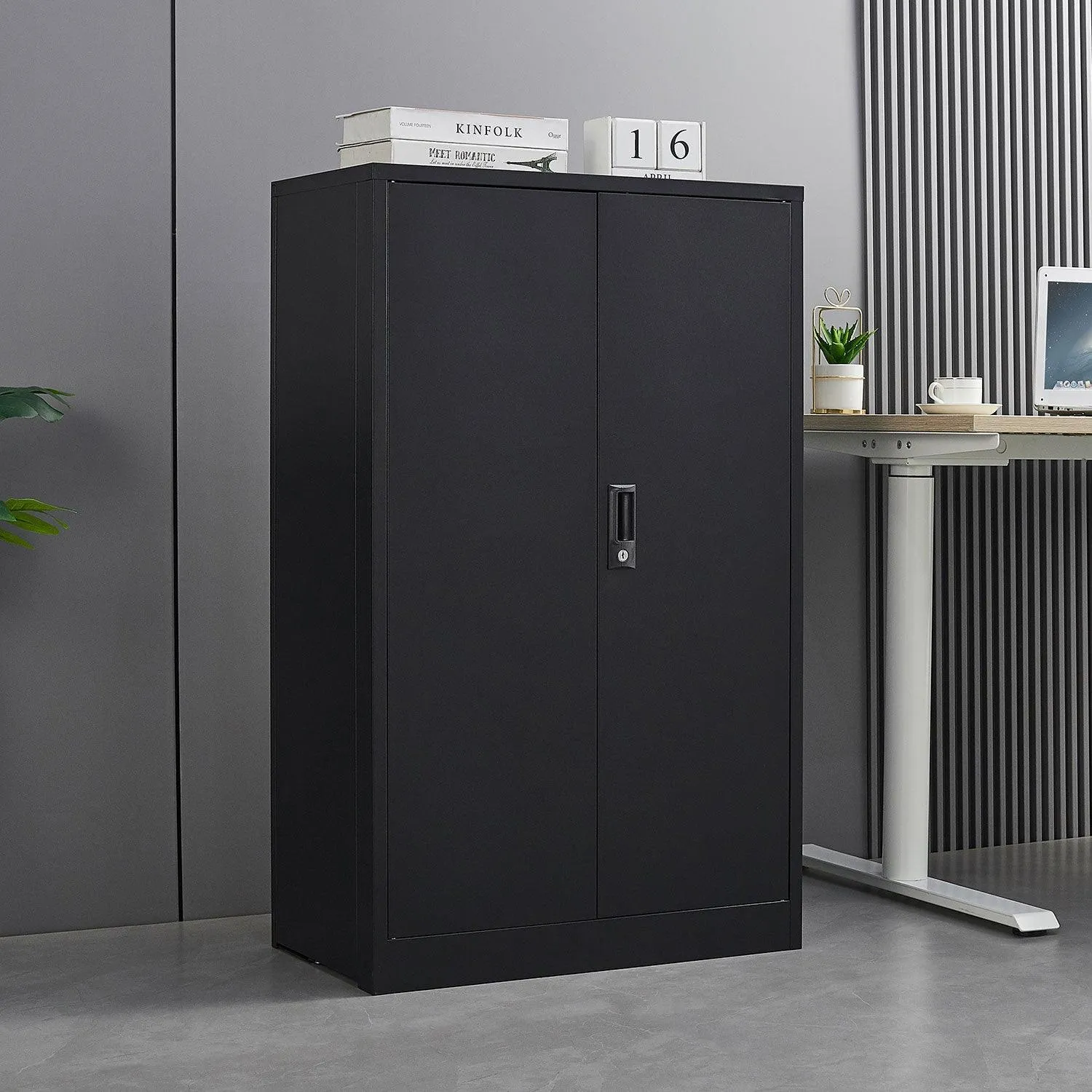 Black Metal Storage Cabinet with Locking Doors, Adjustable Shelf for Home/Office