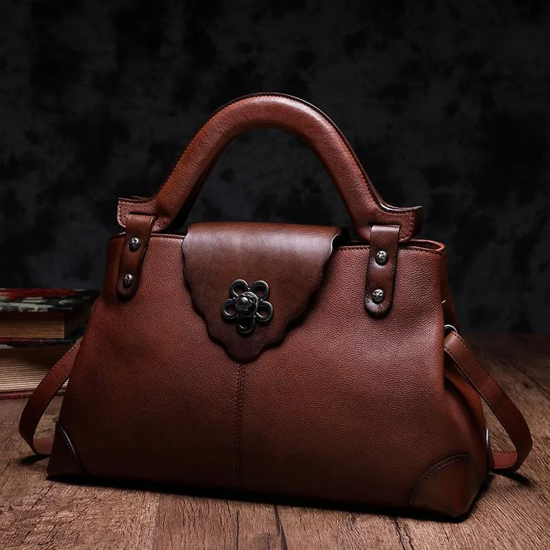 Black Vintage Leather Ladies Satchel Handbag Brown Shoulder Bag Purse for Women