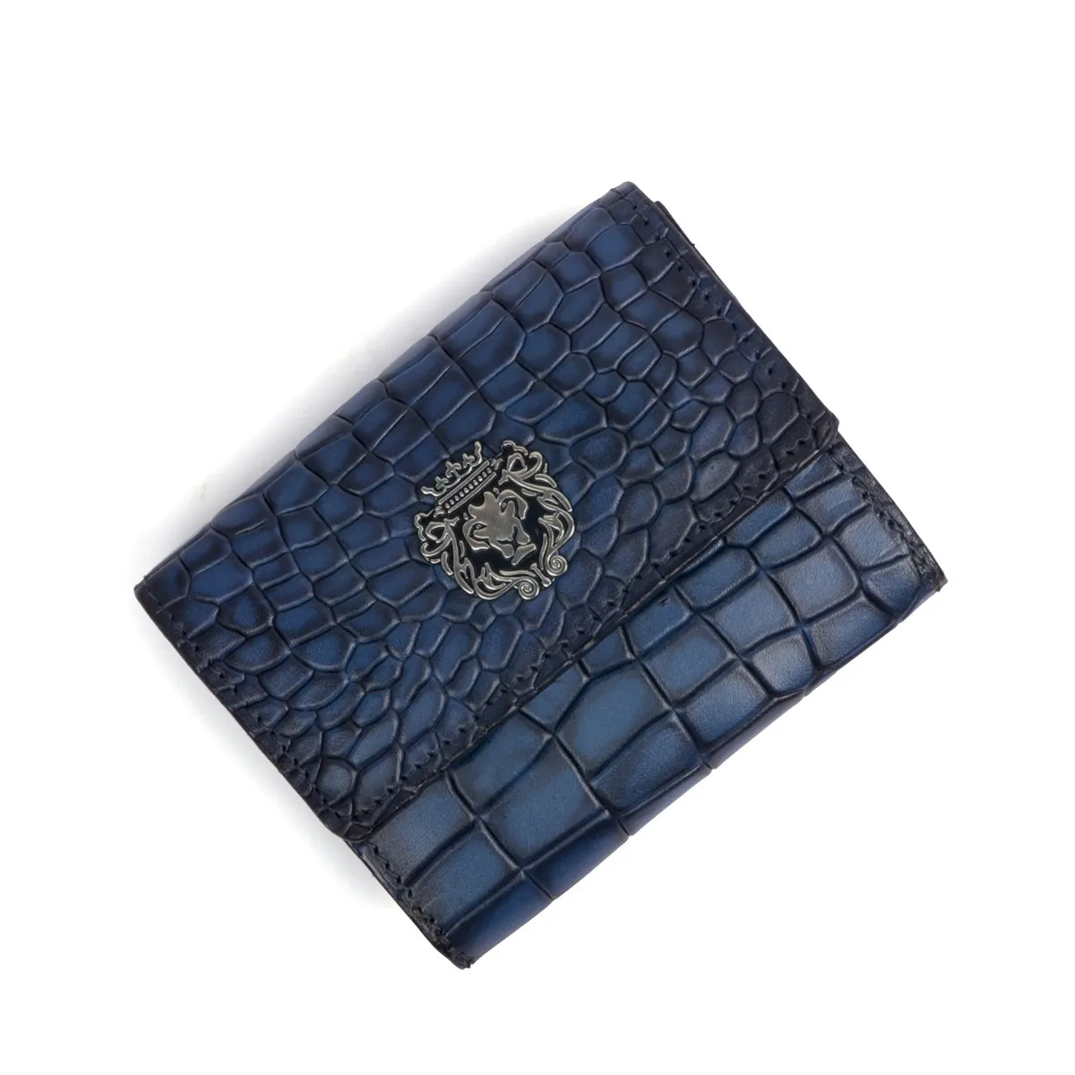 Blue Multi Pockets Card Holder in Deep Cut Croco Textured Leather By Brune & Bareskin