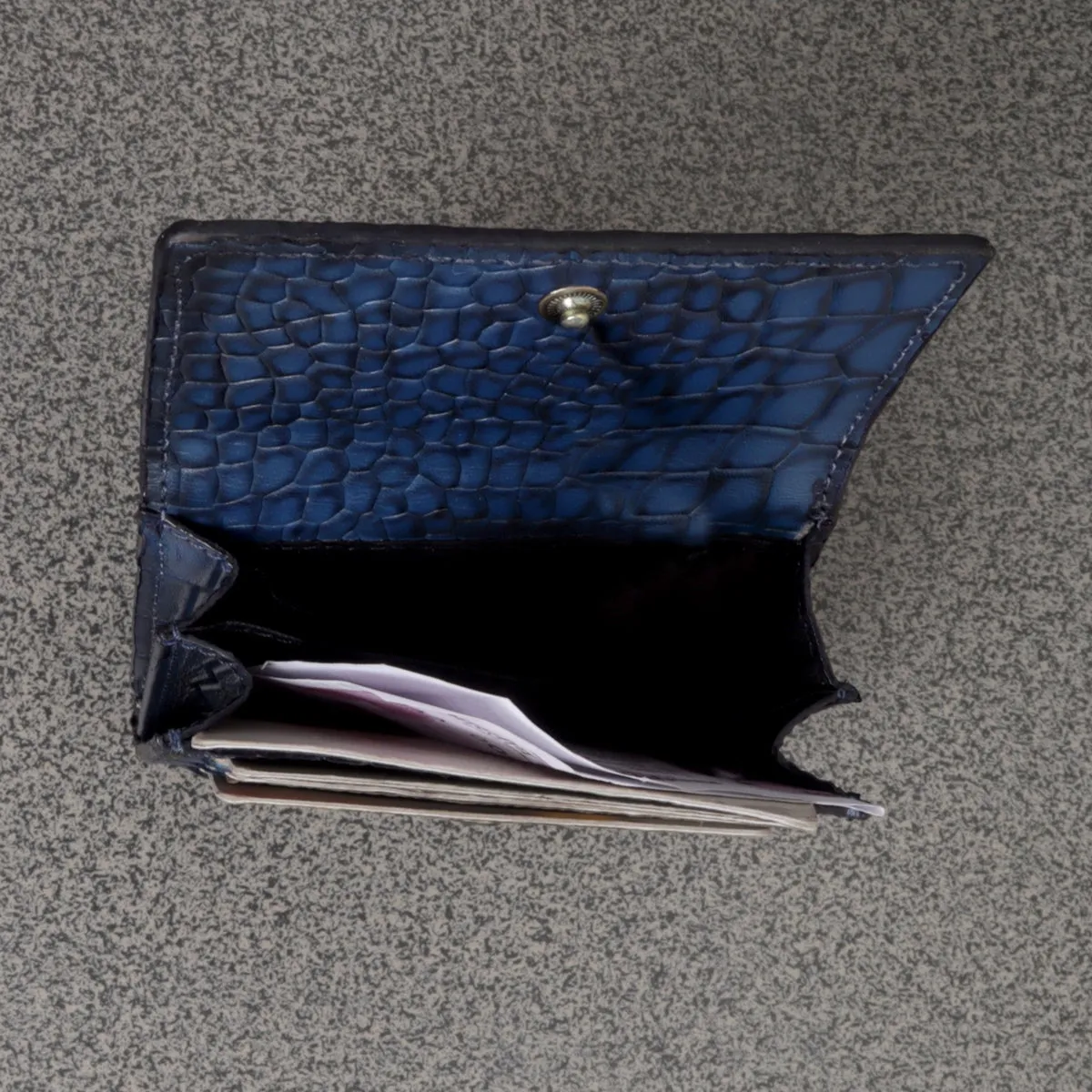 Blue Multi Pockets Card Holder in Deep Cut Croco Textured Leather By Brune & Bareskin