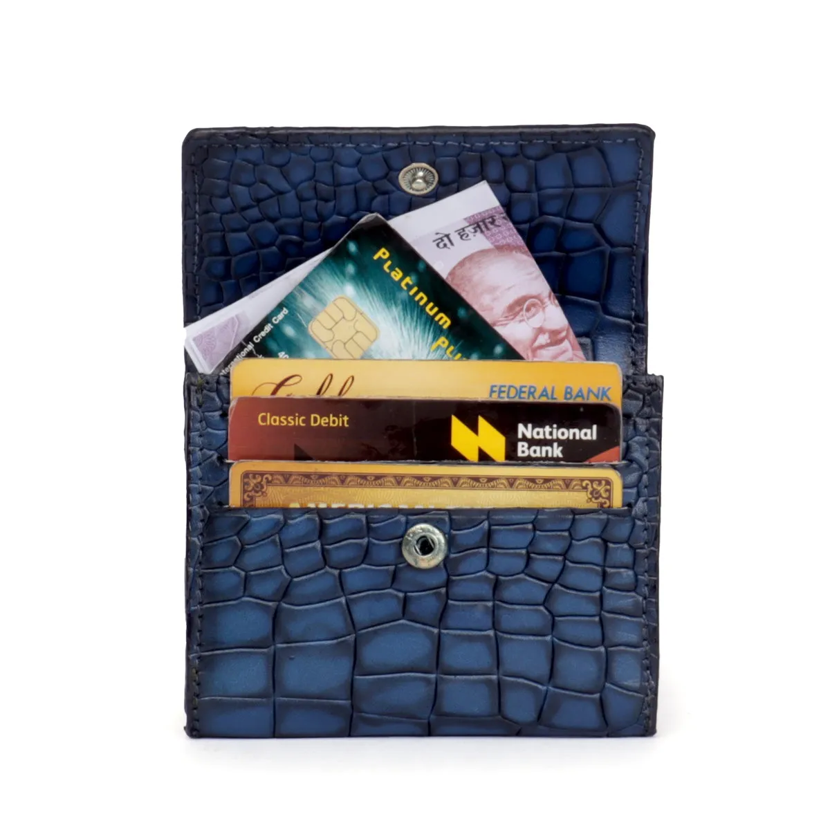 Blue Multi Pockets Card Holder in Deep Cut Croco Textured Leather By Brune & Bareskin