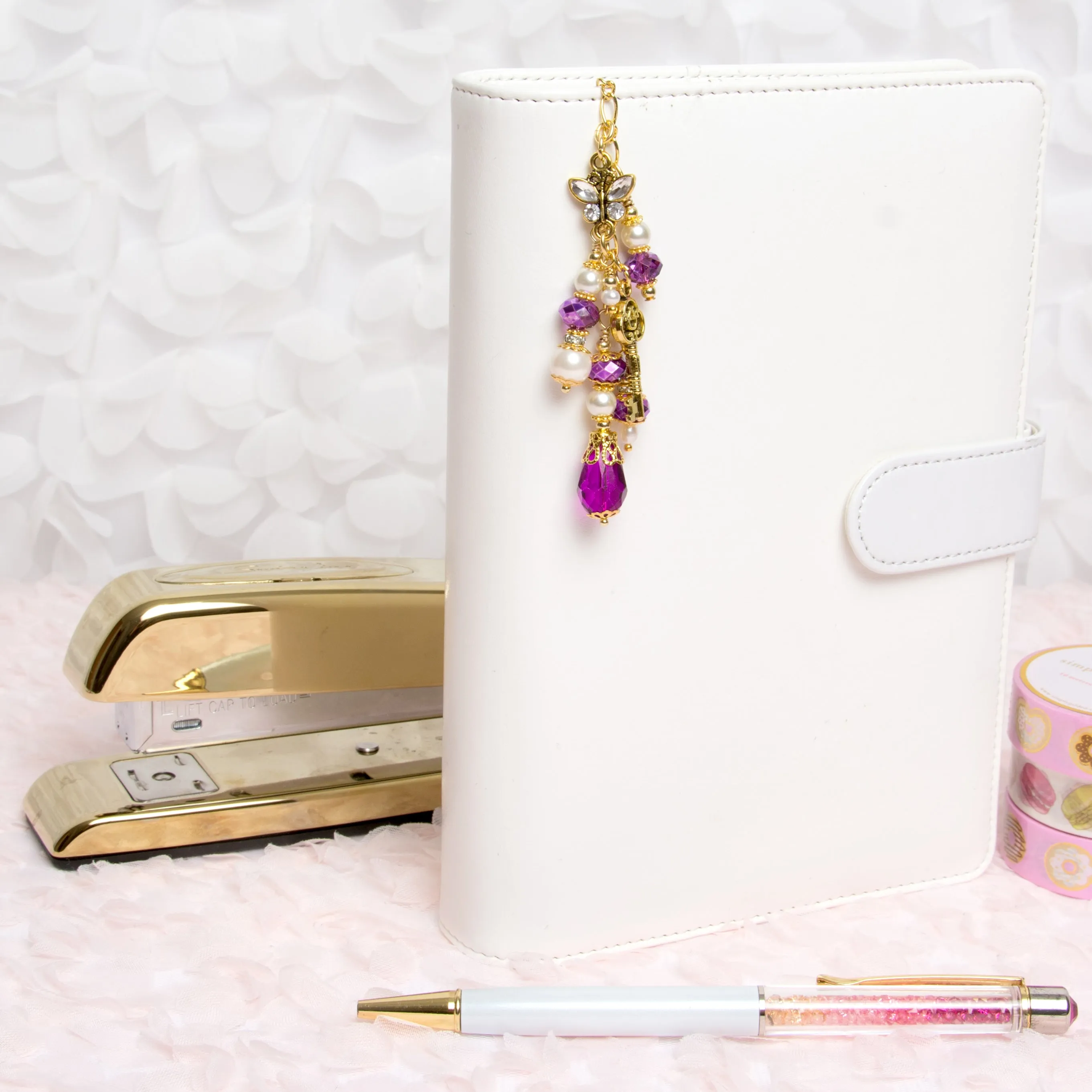 Bright Pink Planner Charm with Rhinestone Butterfly and Gold Key