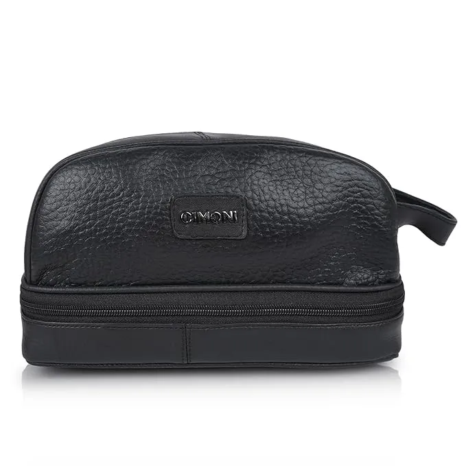 CIMONI® Premium Genuine Leather Toiletry Bag for Men and Women - Travel Organizer Kit with Multiple Pockets Male Toiletries - Stylish Travel Toiletry Kit Shaving Kit Bag (Black)