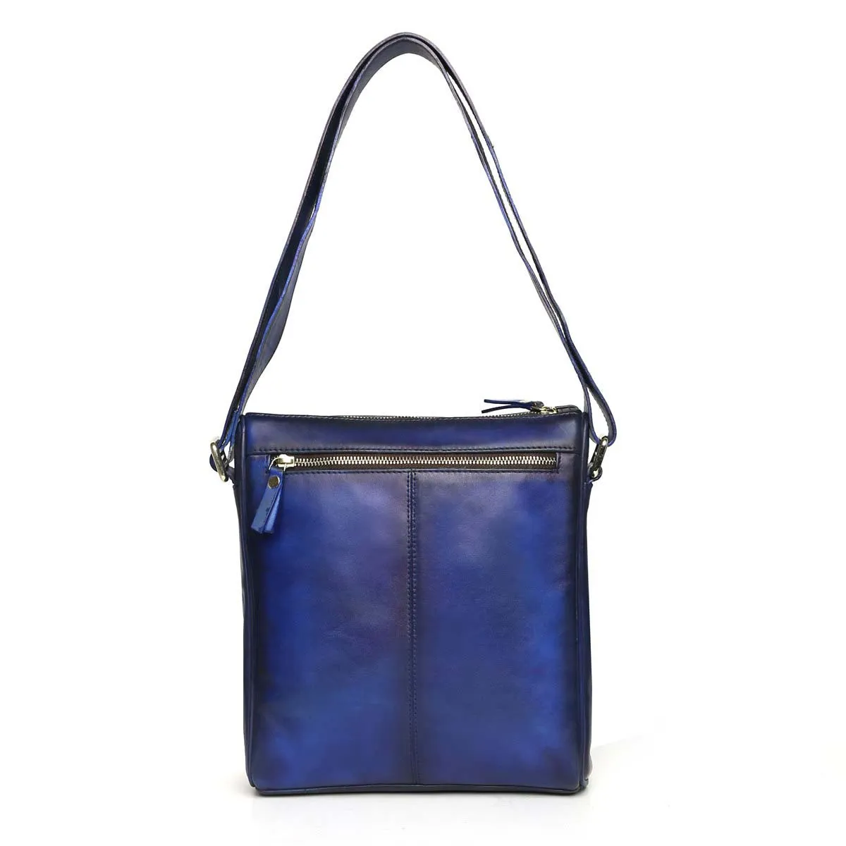 Cross Body Bag In Blue Leather with Embossed Lion