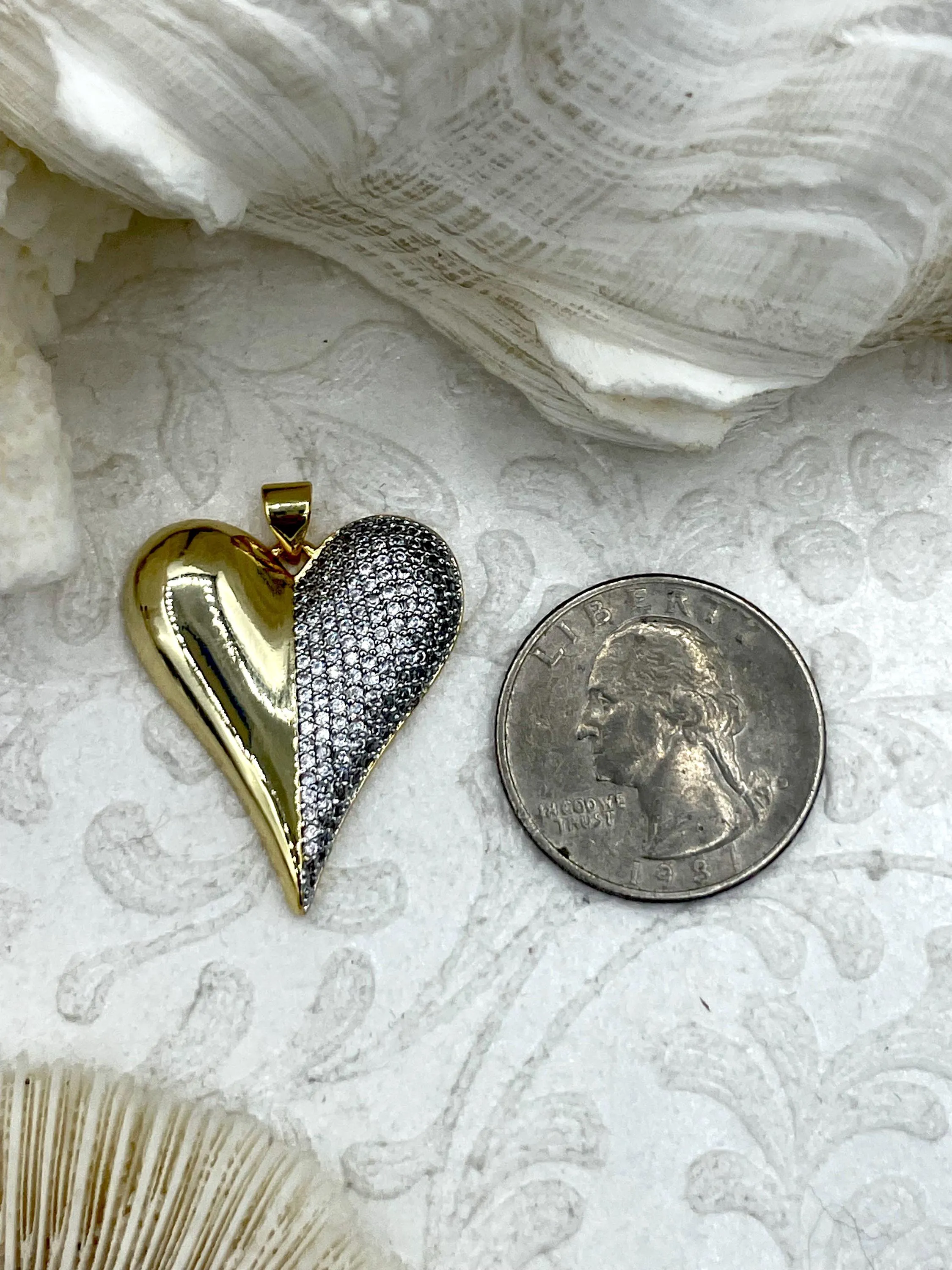 Gold Heart CZ Pave Charm, Cubic Zirconia charm, 30mm x 25mm x 5mm, Brass Heart Charm, Gold Plated Brass, clear CZ, Fast Ship